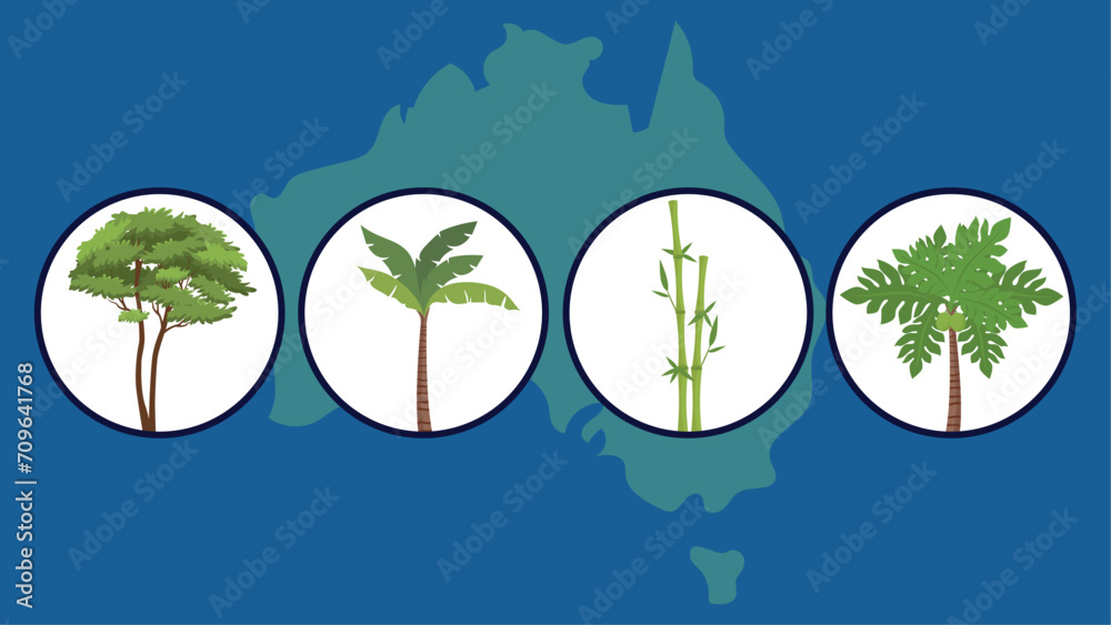 Illustration of a map of Australia with trees and vegetation on a blue background Illustration of a map of Australia with trees and vegetation on a blue background