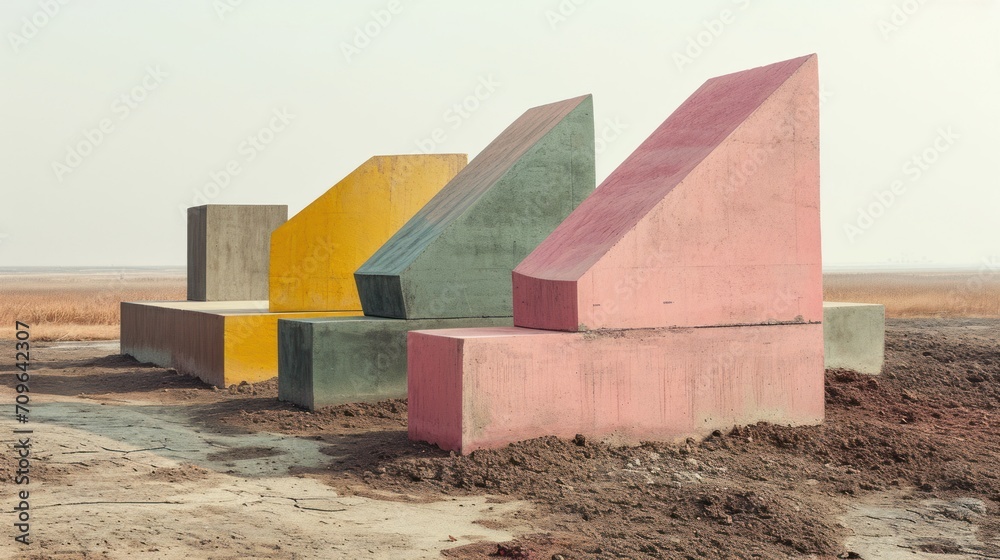 Five colored geometric shapes incorporated into barren terrain—fine art Fine Art Photography