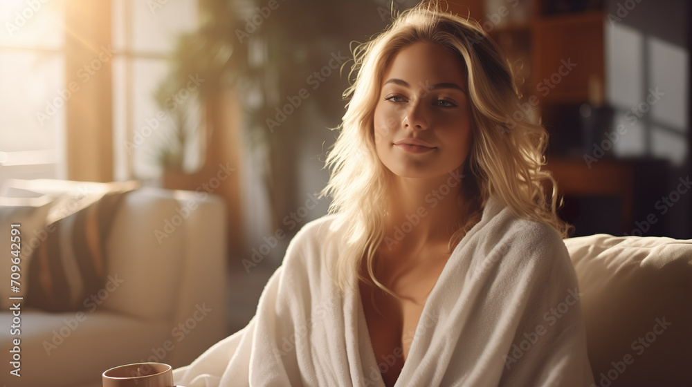 Woman sitting and relaxing on the couch in a white bathrobe. Model little dressed with long blonde hair | Generative AI - obrazy, fototapety, plakaty 