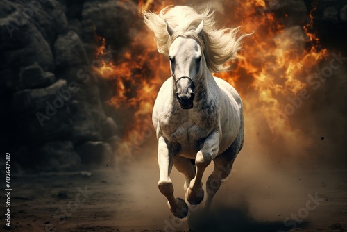 A cream stallion horse with wings, glowing blue eyes, slowly disintegrating in space after floating in space following a gigantic galatic battle leaving spaceship debris photo