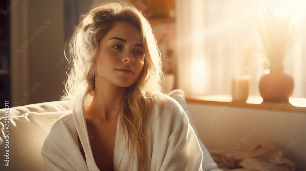 Woman sitting and relaxing on the couch in a white bathrobe. Model little dressed with long blonde hair | Generative AI Woman sitting and relaxing on the couch in a white bathrobe. Model little dressed with long blonde hair | Generative AI
