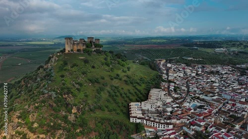 Cinematic 4k view of Almodovar del Rio Castle and city, cloudy day