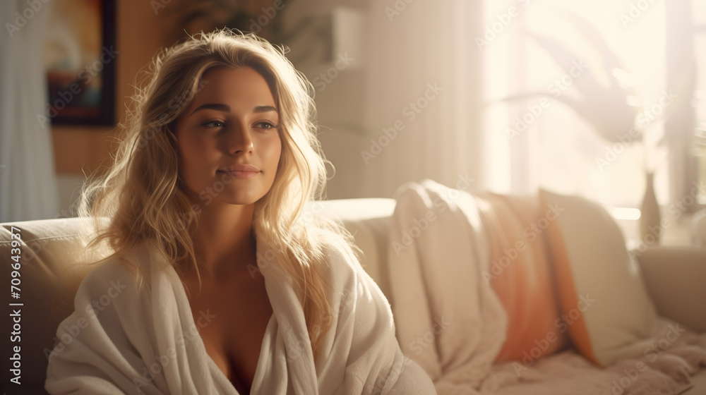 Woman sitting and relaxing on the couch in a white bathrobe. Model little dressed with long blonde hair | Generative AI Woman sitting and relaxing on the couch in a white bathrobe. Model little dressed with long blonde hair | Generative AI