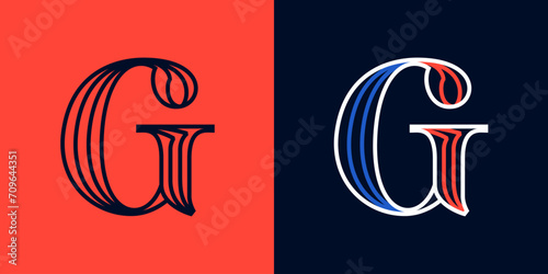 Letter G sport logo. Blue and red lines font. Patriotic emblem for Independence or Veterans Day. photo