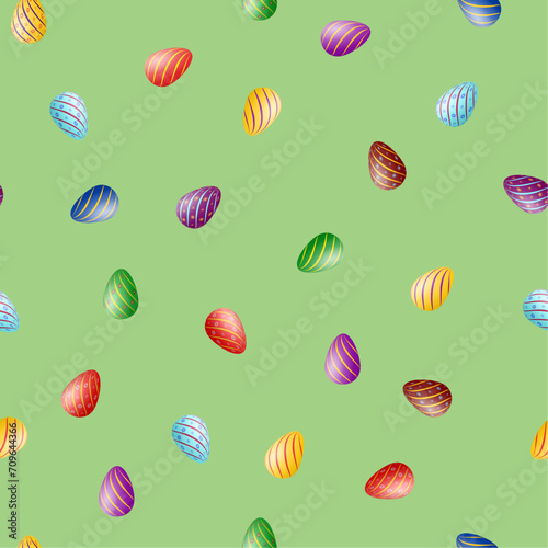 Seamless pattern with traditional Easter symbols, painted eggs and green background, vector design, 