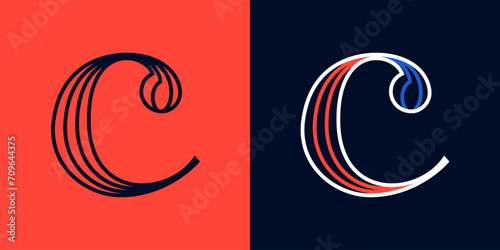 Letter C sport logo. Blue and red lines font. Patriotic emblem for Independence or Veterans Day.