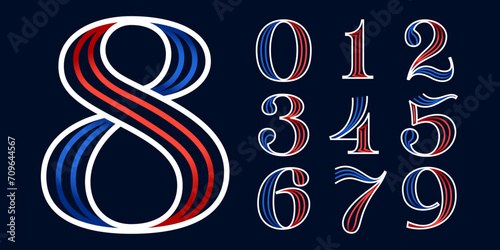 0 to 9 logo. Sport style numbers set. Blue and red lines font. Patriotic emblem for Independence Day.
