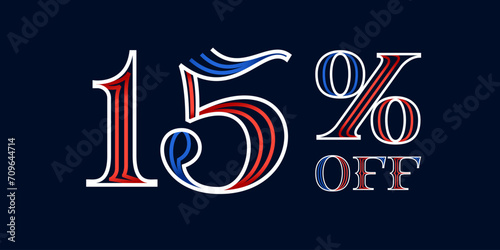 15% OFF lettering made of blue and red lines. Serif sport style font. Patriotic lettering for Super Sale.