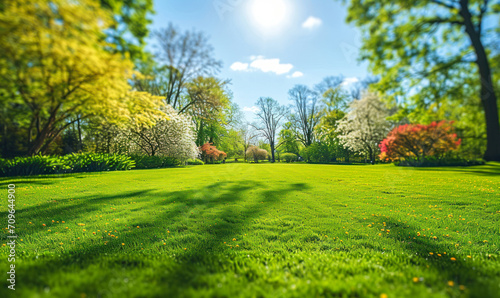Vibrant spring nature backdrop with a pristine, neatly trimmed lawn and lush trees under a clear blue sky adorned with soft clouds on a sunny day photo