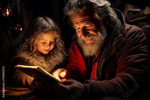 Grandfather reading a book to his granddaughter