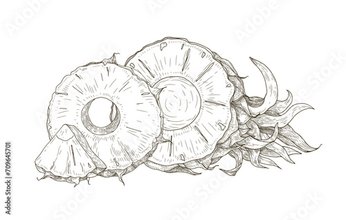 Cut pineapple half, round slice and wedge piece. Exotic tropical fruit, vintage drawing. Ananas, old retro handdrawn sketch. Hand-drawn detailed vector illustration isolated on white background