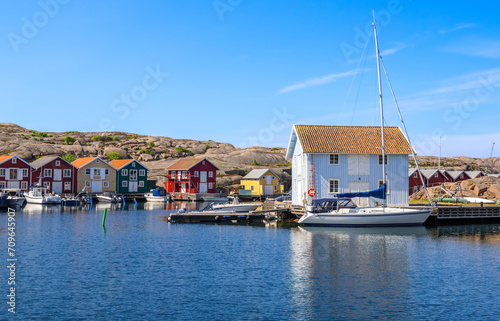 Smogen, Sweden - May 24, 2023: Scandinavian swedish fishing village of Smogen
