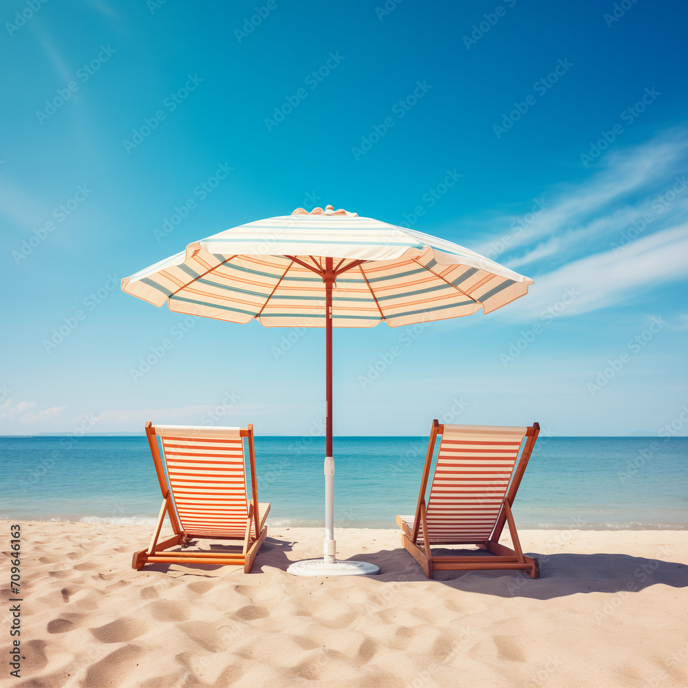 Amidst the vibrant caribbean sky, a perfect day awaits as chairs and an umbrella provide a cozy oasis on the sandy beach, inviting one to sit and soak up the warm sun and serene ocean views