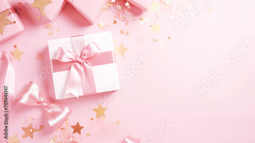 Pink greeting card mockup with gift boxes and decorations. Flat lay, top view © brillianata