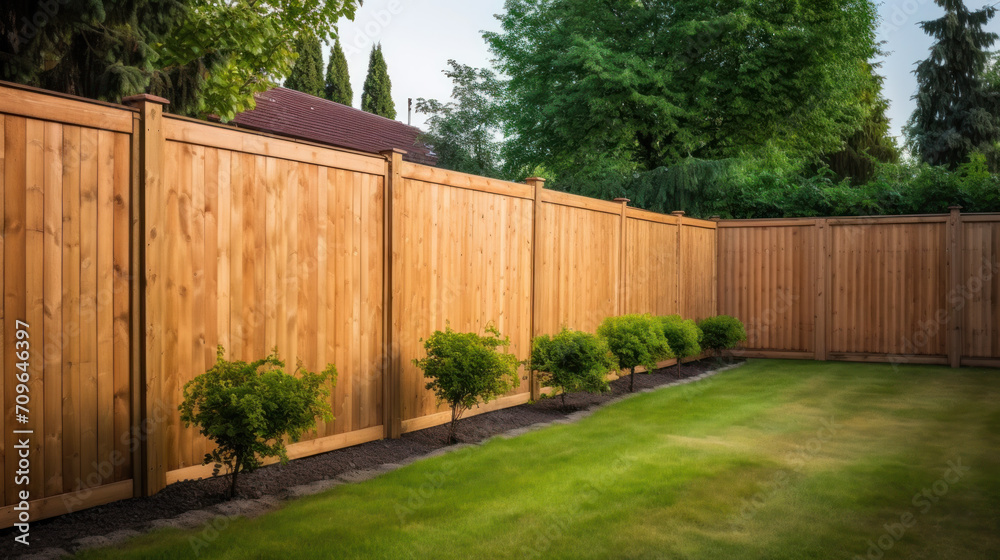 Nice wooden fence around house. Wooden fence with green lawn.