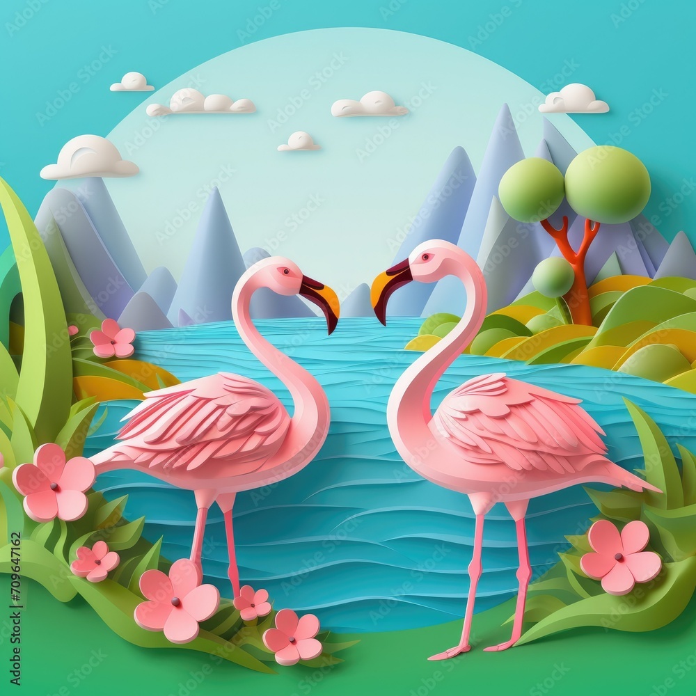 Fototapeta premium Flamingos,colorful pastel color,3d clay icon