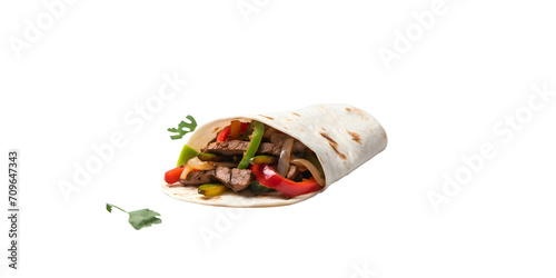side view of delicious and fresh chicken fajita shawarma roll with pepper put on wooden piece and PNG background