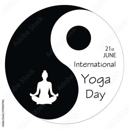 International Yoga day 21 june web banner , vector. Meditation Practice Yoga Fitness Concept. Woman silhouette meditated in yin yang 