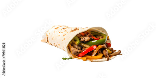 side view of delicious and fresh chicken fajita shawarma roll with pepper put on wooden piece and PNG background