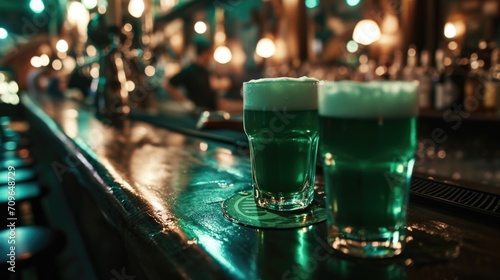 A group of glasses with green beer with a pub background on St. Patrick s Day