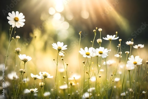 meadow with daisies, Summer meadow white flower with sunlight