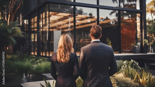 Young couple standing in front of their new modern luxury villa real estate business concept