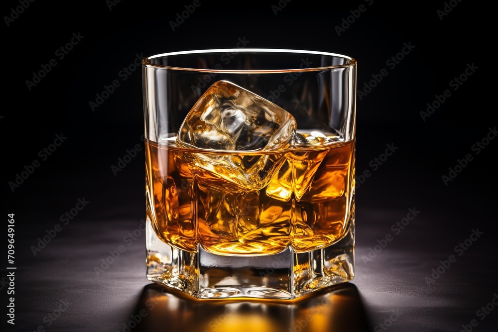 Whisky glass with golden liquor on black background, ideal for text placement and messaging