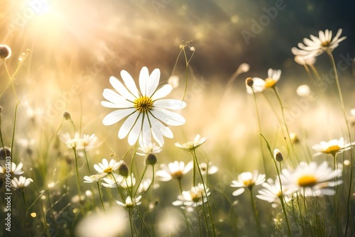 meadow with daisies, Summer meadow white flower with sunlight