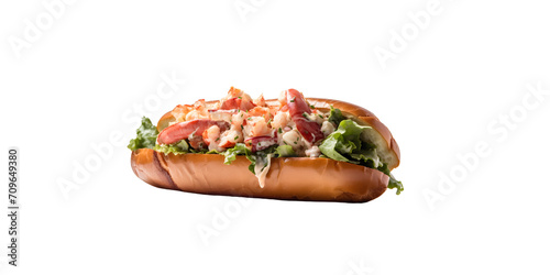 close up view of fresh and delicious lobster roll bread garnish with tomato, salad leaves, beet root with PNG background