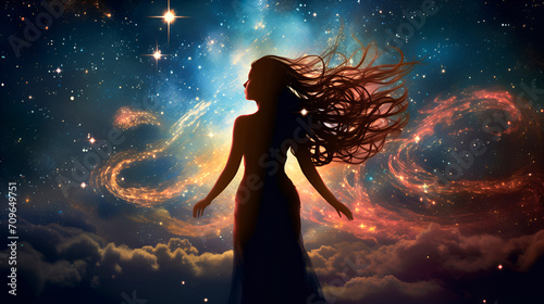 Woman\'s silhouette within the cosmic expanse, surrounded by the outer space of galaxies and the effulgent energy stream. concept of feminine vitality, spiritual pursuits, and inner reflection