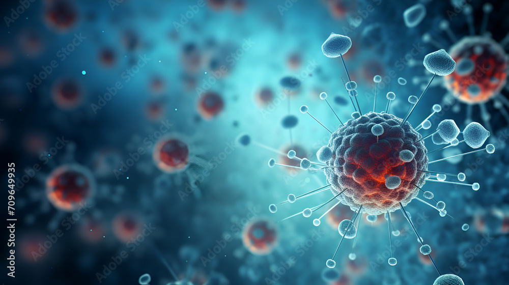 Detailed rendering of a vermilion-hued virus with influenza-like spikes and Omicron attributes on a blue gradient, space for text included. Visual for infectious diseases study. Detailed rendering of a vermilion-hued virus with influenza-like spikes and Omicron attributes on a blue gradient, space for text included. Visual for infectious diseases study.
