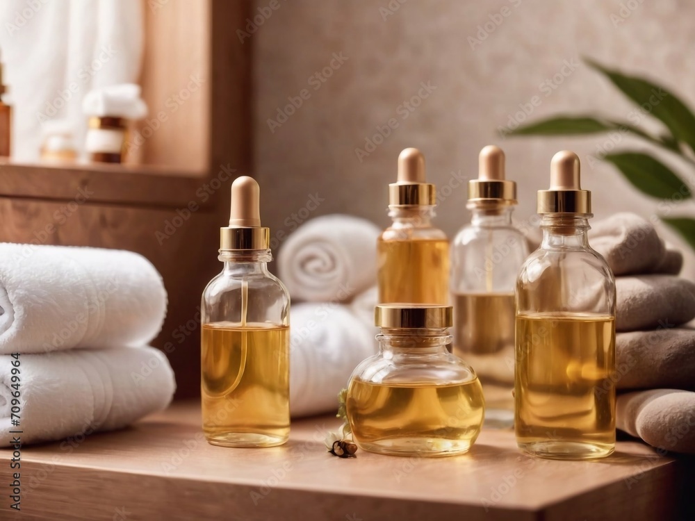 Bottles on the background of the spa room. Skin care serum or natural cosmetics with essential oil Bottles on the background of the spa room. Skin care serum or natural cosmetics with essential oil