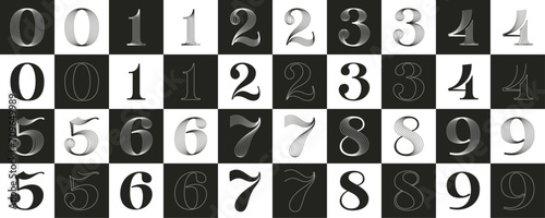 Luxury wedding numbers set. Elegant classic serif font made of thin parallel lines. Decorative vintage emblem for Super Sale. VIP calligraphy for luxury Victorian invitation, lingerie, jewelry card.