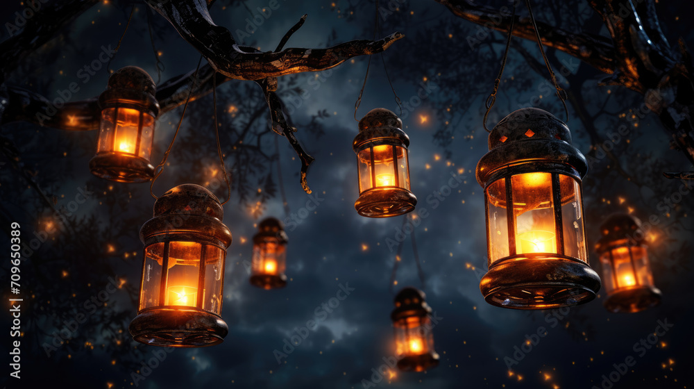 Lantern with night sky. Lantern with candles hanging from branches. Garden decor