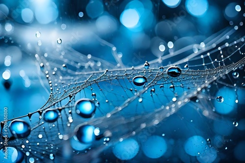 water drops on a leaf, Abstract composition with blue, water drops, spiderwebs and bokeh