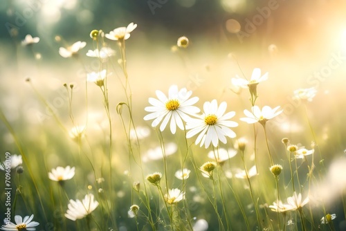 daisies in the grass, Summer meadow white flower with sunlight
