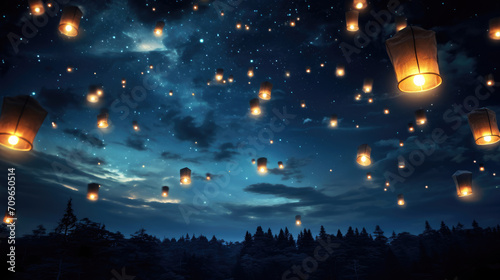 A large group of chinese flying lanterns. Chinese lanterns in the night sky © brillianata