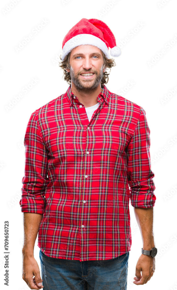 Handsome hispanic man model wearing santa claus christmas over isolated background with a happy and cool smile on face. Lucky person. Handsome hispanic man model wearing santa claus christmas over isolated background with a happy and cool smile on face. Lucky person.