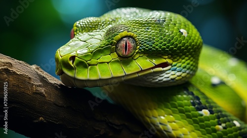 Highly detailed macro closeup of a vibrant green snake coiled on a tree branch in the dense jungle