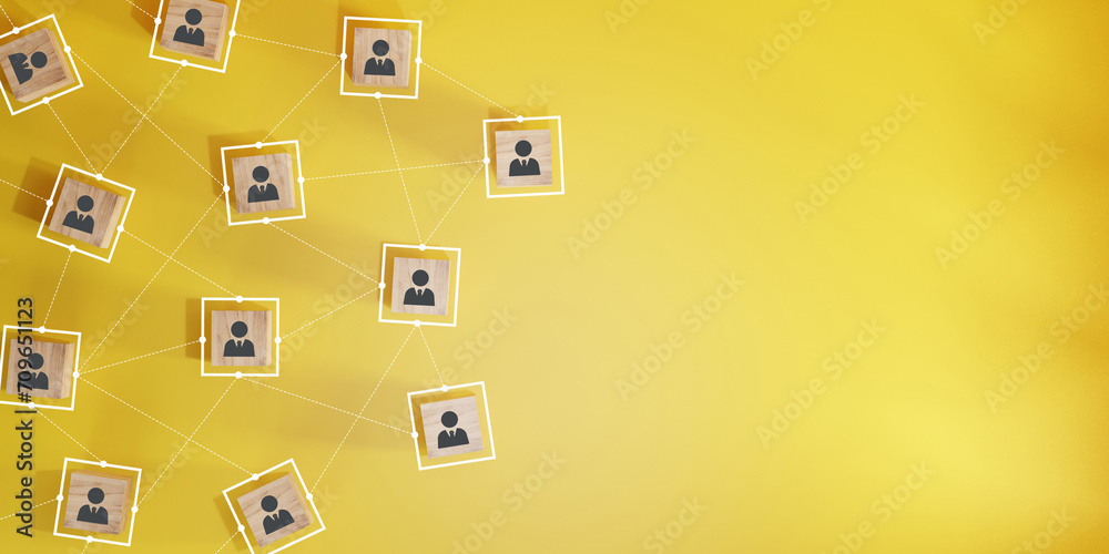teamwork concept. Wooden cube block print screen person icon which link connection network for organisation structure social network.