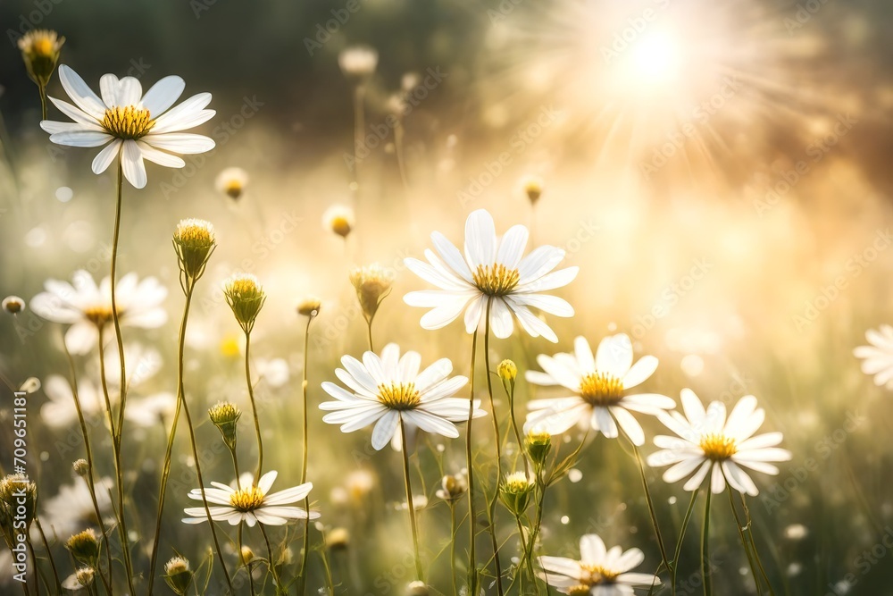 daisies in the meadow, Summer meadow white flower with sunlight