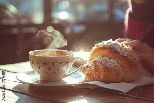 A close-up macro shot about enjoying a freshly baked pastry on a sunlit breakfast table. The focus is on the details – the steam rising from the coffee, the golden crust of the pastry.