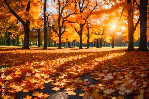 autumn trees in the park, Autumn background with falling leaves at landscape of city park with colorful trees at sunset light with bokeh, panoramic banner