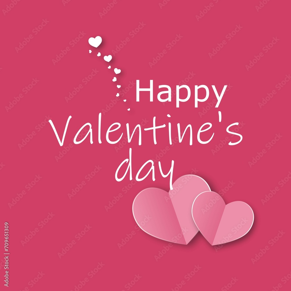  Illustration. The inscription Happy Valentine's Day isolated on a pink background and two pink origami hearts. Valentine's day celebration concept.