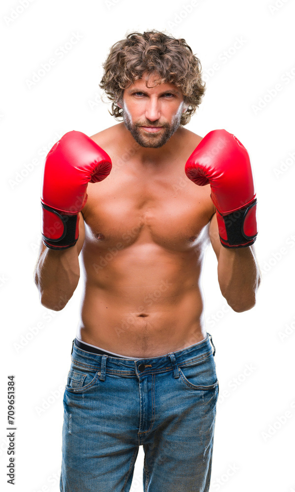 Handsome hispanic boxer man wearing boxing gloves over isolated background skeptic and nervous, disapproving expression on face with crossed arms. Negative person. Handsome hispanic boxer man wearing boxing gloves over isolated background skeptic and nervous, disapproving expression on face with crossed arms. Negative person.