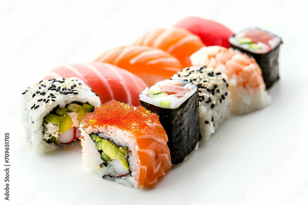 An isolated white background highlights a macro view of an artfully arranged sushi selection in a studio setting. The focus is on the exquisite details, showcasing the craftsmanship. An isolated white background highlights a macro view of an artfully arranged sushi selection in a studio setting. The focus is on the exquisite details, showcasing the craftsmanship.