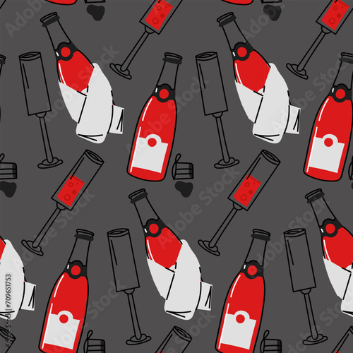 The pattern of glasses, champagne in a towel on a gray background. Seamless pattern of wine bottles and glasses on a gray background. Vector illustration. restaurant, romance, date, courtship
