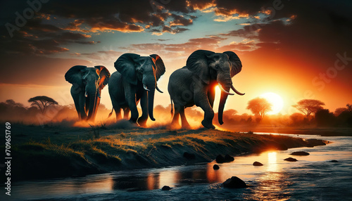On safari in Botswana, Namibia, Zimbabwe, or South Africa, you can may see a herd of African elephants at sunset.