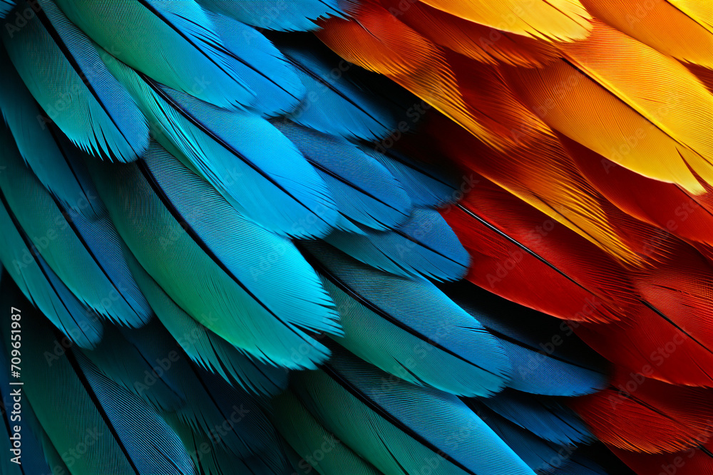 Obraz premium parrot feathers seen under a microscope with exaggerated contrast , soft shadow, volumetric lighting created with Generative Ai