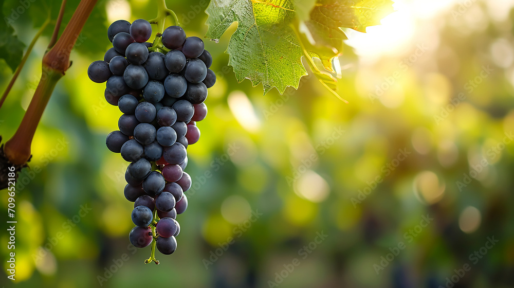 Bunch of Black Wine grape over green natural vineyard garden background, Kyoho Grape with leaves in blur background. Made with generative ai